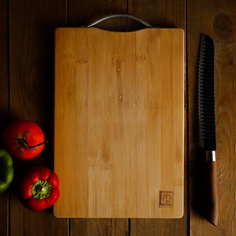 Royalford Organic Bamboo Cutting Board, RF10238, Strong Metal Handle, Durable &amp; Lightweight, Antibacterial, Chopping Board For Meat And Vegetables