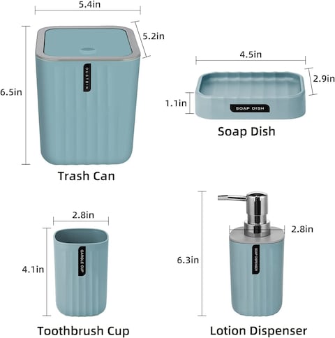Generic Bathroom Accessory Set - 4 Piece Grey Bathroom Accessories Set With Trash Can, Soap Dish, Soap Dispenser, Toothbrush Cup, Bathroom Decor Sets With Desktop Small Trash Can - Blue Stripe