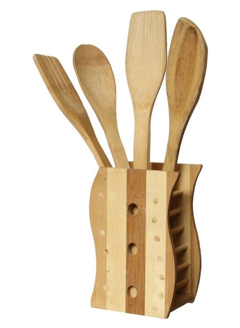 Marrkhor 5-Piece Wooden Cutlery Set With Spoon Holder Beige/Brown 8 X 14Centimeter