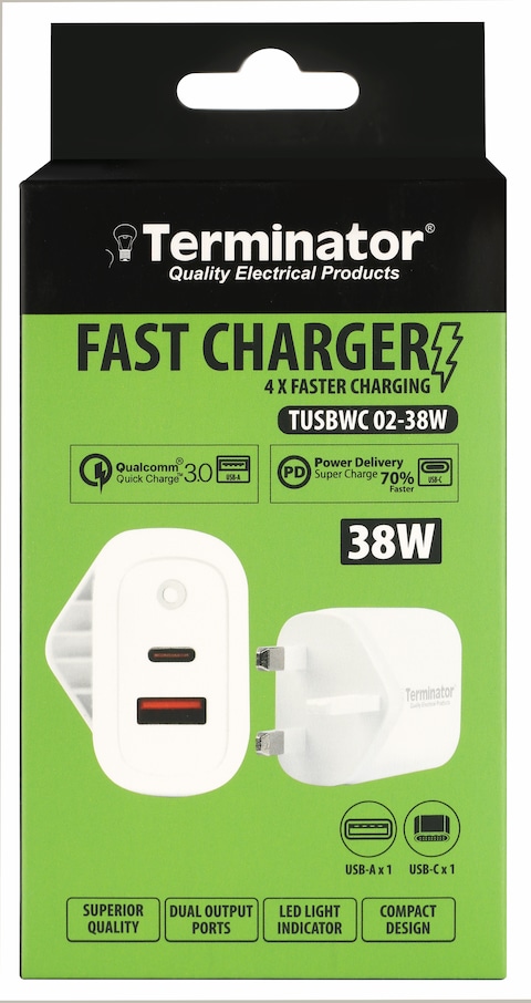 Terminator brand USB Wall Charger with 38W Fast Charging USB-A (QC3) &amp; USB-C (PD) with 13A Plug &amp; Blue Light Indicator-White