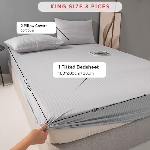 Luna Home-King Size 3 Piece Set, Bedsheet with 2 Pillow Cases, Light Gray Color
