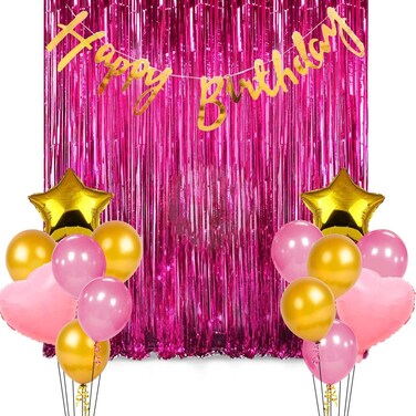 Party Time 17-Pieces Pink and Gold Balloons Foil Fringe Birthday Decoration Set for Birthday Balloons for Decorations, Party Supplies for Boys,Girls,Adults