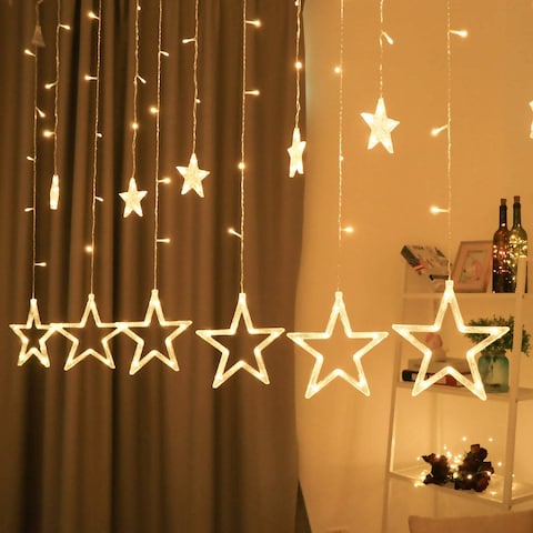 12 LED Star Lights, Curtain String Lights for Bedroom with 8 Lighting Modes, Waterproof Window Lights Ramadan Decorations, Wedding, Garden Christmas Decorations Lights - Warm White