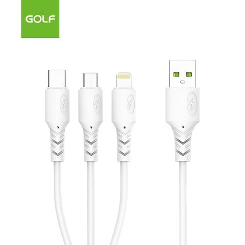 Golf Space 1-Meter Multiple Type Cable, USB Type A Male to Micro-B USB/Lightning/USB Type-C for Mobile Phones, White