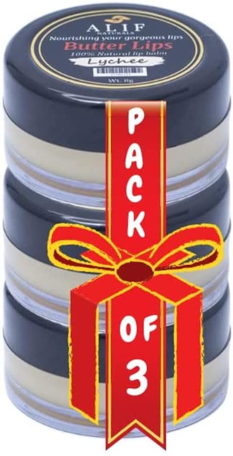 Alif Naturals Pack Of 3 - Lychee Butter Lip Balm Moisturizes Chapped Lips, Makes Lips Soft And Supple