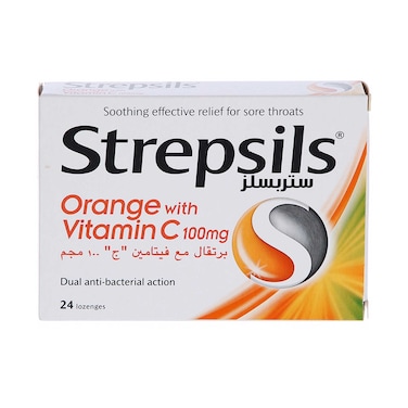 Strepsils Orange with Vitamin C 100 mg,Soothing Effective Relief for Sore Throats, 24 Lozenges