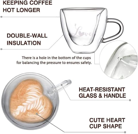 1CHASE&reg; Heart Shaped Double Wall &quot;Love&quot; Printed Glass Mug with Handle for Juice Wine Tea Coffee, Breakfast Cup Cocktail Mug for everyday use, 180 ML ,2Pcs Set.