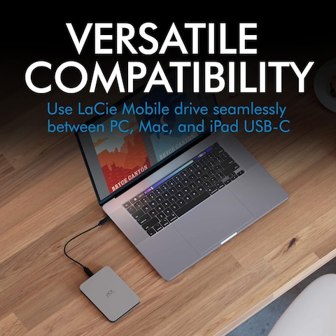LaCie Mobile Drive 1TB External Hard Drive Portable HDD - Moon Silver, USB-C 3.2, for PC and Mac, Post-Consumer Recycled, with Adobe All Apps Plan and Rescue Services (STLP1000400)