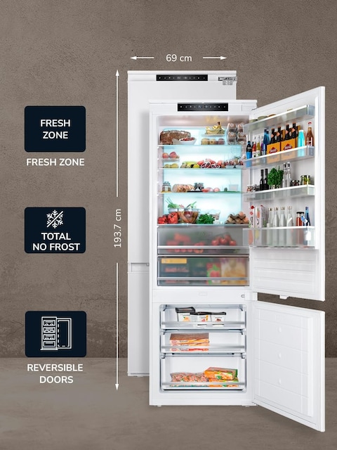 MILLEN Built-in Refrigerator, 341L Net Capacity, 3 Y Warranty, No Frost 2 Doors Fridge Freezer, Electronic Control, LED Backlight, Quick Cooling/Freezing, Ambient Lighting, Vacation Mode, MBIM 193.7D