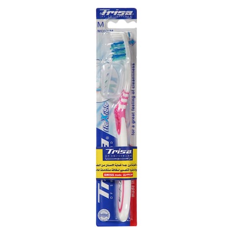 Buy Trisa Flexible Medium Toothbrush With Travel Cap Multicolour in UAE