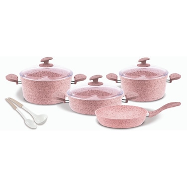 هوم ميكر طقم أواني طهي من الغرانيت 9 قطع - وردي وأبيض