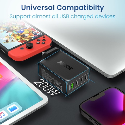 Remson 200W 4-Ports GaN 2 Pro Fast Charger USB-C Power Adapter Wall Charger PD 3.0 USB-A Port Compatible with iPhone 13/13 Mini/13 Pro/13 Pro Max/SE/11/XR/XS,Samsung,MacBook Pro/Air,iPad,Laptops