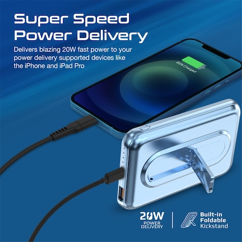 Promate Magnetic Wireless Power Bank, 10000mAh 15W Qi Wireless Mag-Safe Battery Pack with 20W USB-C Power Delivery Port, 18W QC 3.0 Port and Foldable Stand for iPhone 13, iPad Air PowerMag-10Pro Blue
