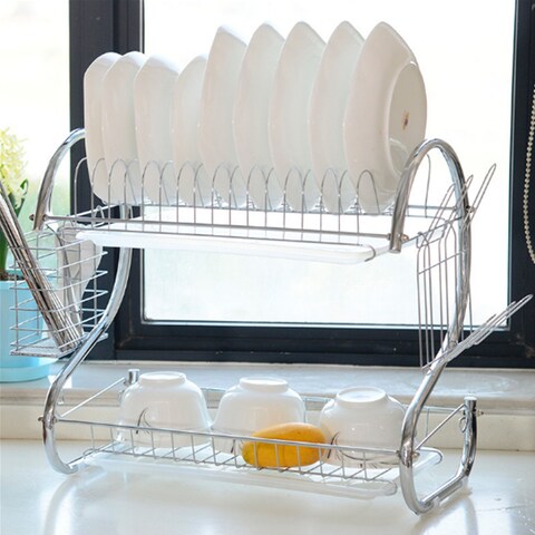 Multifunctional 2 Layers Dish Drying Rack ,Stainless Steel Glass, Cup, Cutlery Holder and Dish Drainer for Kitchen Counter Top