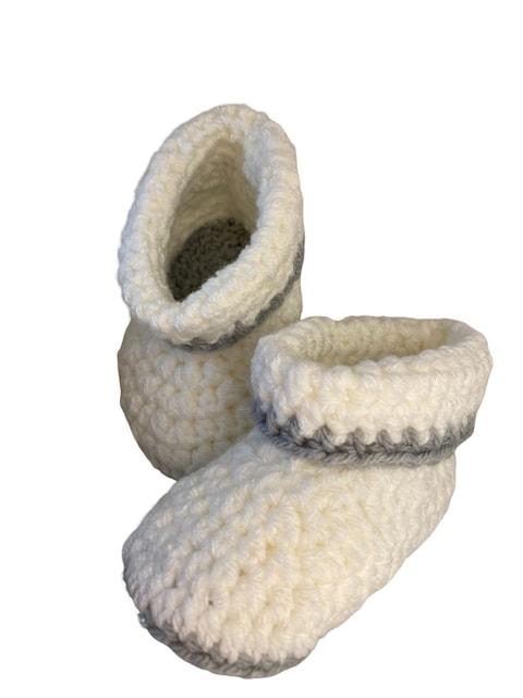 Pikkaboo Cuddles and Snuggles Crochet Baby Booties-White &amp; Grey