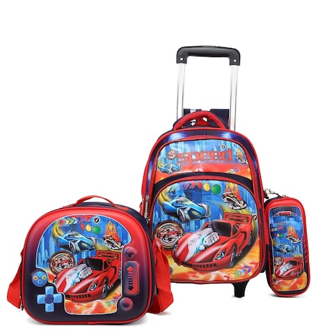 Baby Backpack 3Pcs For Baby Boys 1 lunch 1 Pencil Box And 1 Bag With Adjustable Strap For School 2 Wheels 14 Inch