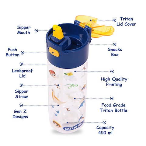 Eazy Kids Tritan Water Bottle w / Snack Box, T - Rex - Blue, 450ml