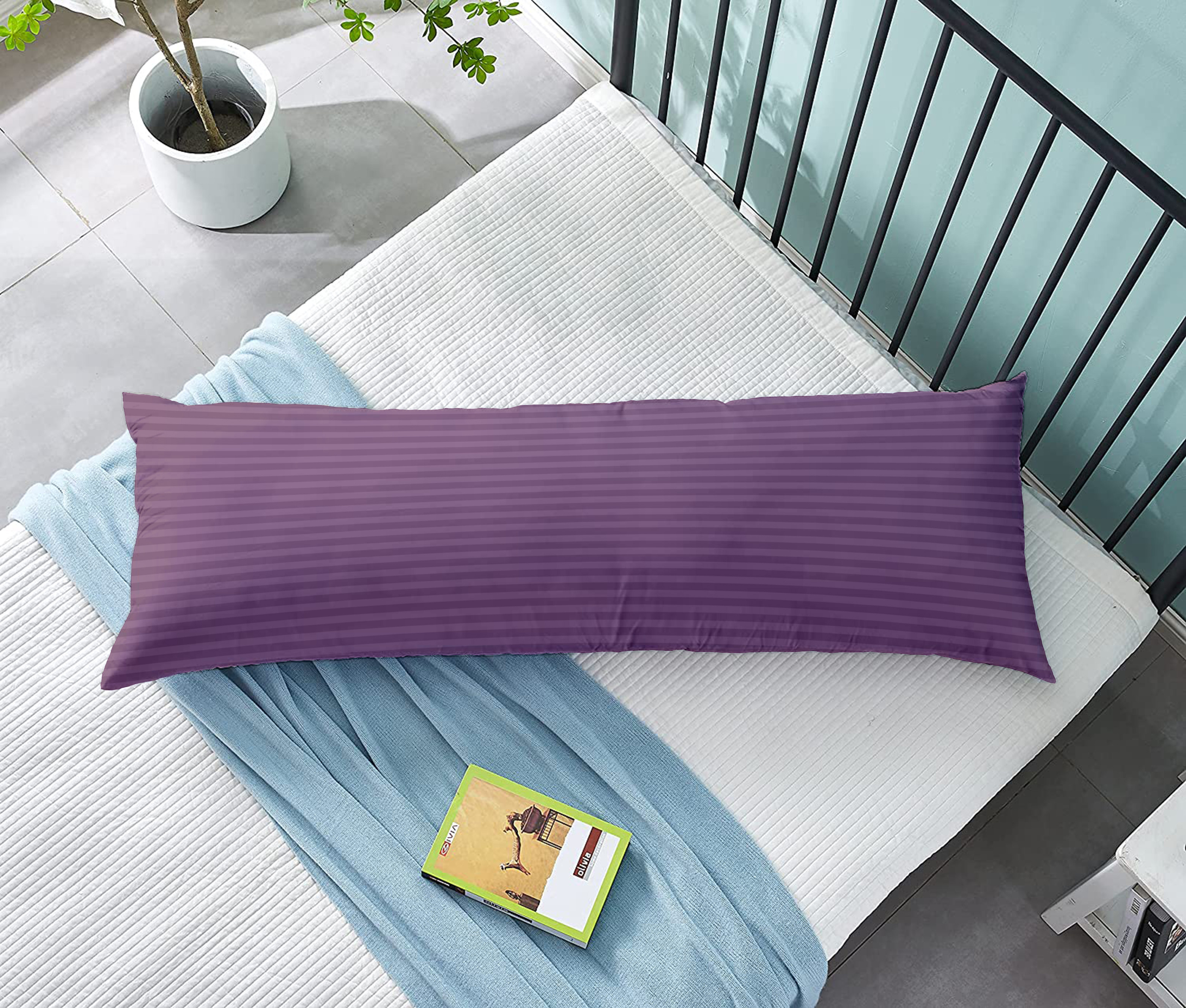 KLUB LINEN  Long Body Pillow 1pc, Fabric: 100% Polyester 85 GSM Microfiber 1 cm Stripe Super Soft, Filling: 1300 gm Hollow Fiber Comfort, Breathable &amp; Ultra Soft Size: 45 x 120 cm, Color: Lilac