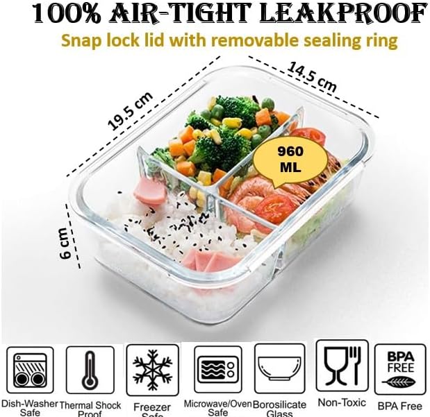 Atraux 3 Compartments Airtight Glass Food Storage Containers, Meal Prep Lunchboxes With Clear Lids - 960ml (Pack Of 6)