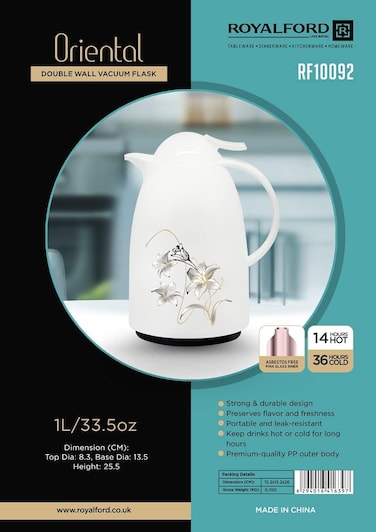 Royalford Oriental Double Wall Vacuum Flask, 1L, Rf10092, Pp Outer Body, Asbestos Free Pink Glass Inner, Portable &amp; Leak-Resistant, Keeps Drink Hot Or Cold For Hours