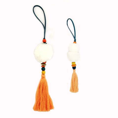 2-Piece Pompom Fluffy Hanging Charms White 33/21cm
