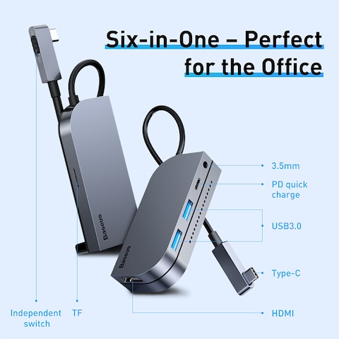 Baseus Docking Station USB C Hub (Upgrade) Invisible 6 in 1 Dongle Adapter with 4K HDMI 2 USB 3.0, USB-C PD 60W 3.5mm Audio Micro SD for iPad Pro 2018 2019 2020 2021 MacBook Pro and more
