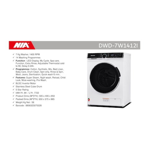 Daewoo Front Loading Washing Machine 7kg DWD-7W1412I White