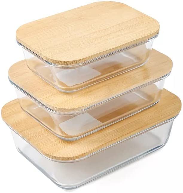 Glass Food Containers with Bamboo Lid Eco-Friendly - Set of 3 Glass Meal Prep. glass lunch Containers, Rectangular Style. Sizes (410ml,700ml,1040ml)
