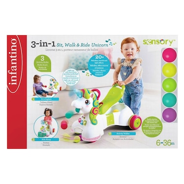 Infantino Sensory 3-In-1 Sit Walk And Ride Unicorn Kids Activity Walker 6-36 Months