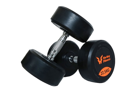 HARLEY FITNESS 22.50KG PREMIUM GENIUNE RUBBER COATED ROUND DUMBBELL - PAIR