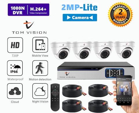 Tomvision - 4Channel AHD Camera KIT 2Megapixels/720P CCTV Security Recording System Kit 4Pcs Indoor Dome Camera and P2P Cloud Alarm System Home Security (4Channel(No HDD), 4Indoor)