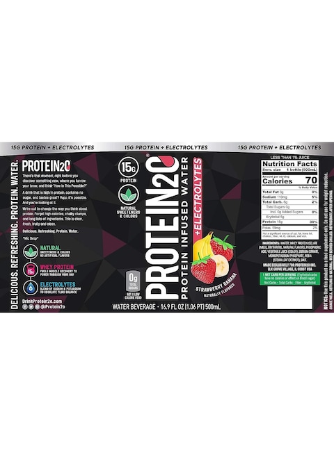 Protein2O Electrolyte Protein Infused Water Plus Electrolytes, Strawberry Banana, Protein Drink, 500ml