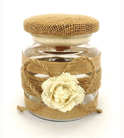 Burlap Lace Glass Jar Beige with Flower Design 13cm