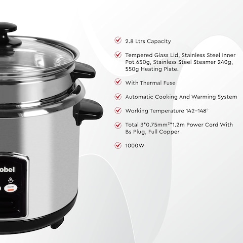 Nobel Rice Cooker, Stainless Steel, 2.8 Litres, NRC280S, Tempered Glass Lid