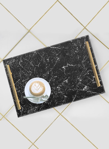 Lowha Decorative Acrylic Serving Tray With Gold Metal Handles And Scratch Marble Design 20x30 cm
