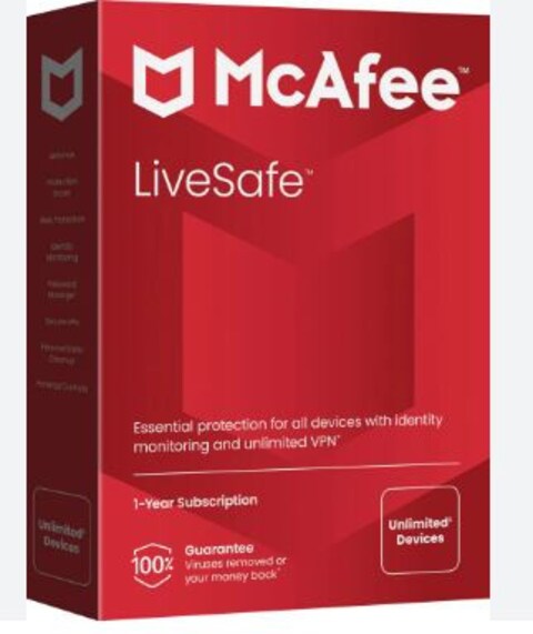 McAfee LiveSafe, for PC, Apple Mac, iOS, or Android, Unlimited Devices, 1-Year Subscription, eCard