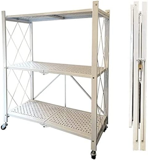 Generic Multi-Shelf Foldable Storage Shelves For Garage Kitchen Home Closet, Metal Wire, Collapsible Organizer Rack On 4&#39;&#39; Wheel Casters, Metal Organizer Wire Rack, Black/White (3-Shelf(White))