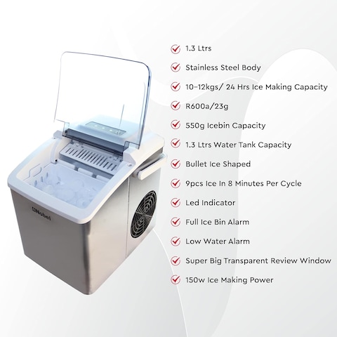 Nobel Ice Cube Maker, 10 Kgs/24h Ice Capacity, Silver, NIM13S