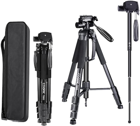 COOPIC T800 Portable 69.5 inches/176.5 centimeters Aluminium Alloy Camera Tripod Monopod with 3-Way Swivel Pan Head,Bag for DSLR Camera,DV Video Camcorder,Load up to 8.8 pounds/4 kilograms