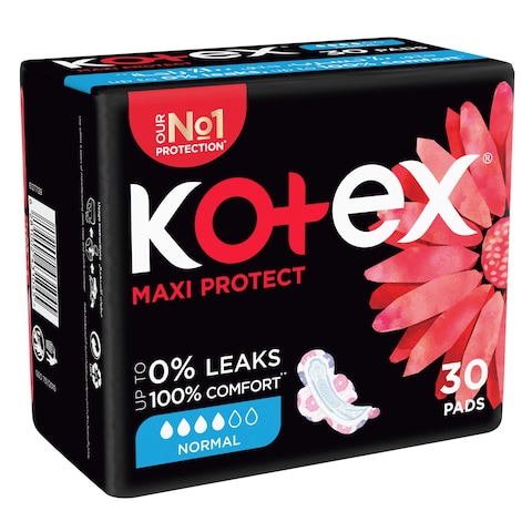 Kotex Maxi Protect Thick Pads, Normal Size Sanitary Pads with Wings, 30 Sanitary Pads