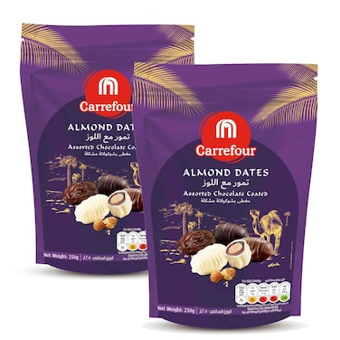 Carrefour Assorted Chocolate Coated, Almond Dates, 250g Pack of 2