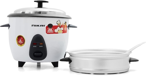 Nikai 1 Liter 2 In1 Non-Stick Rice Cooker With Steamer, 400W, Keep Warm Function, NR701A, White (6 Months Warranty)