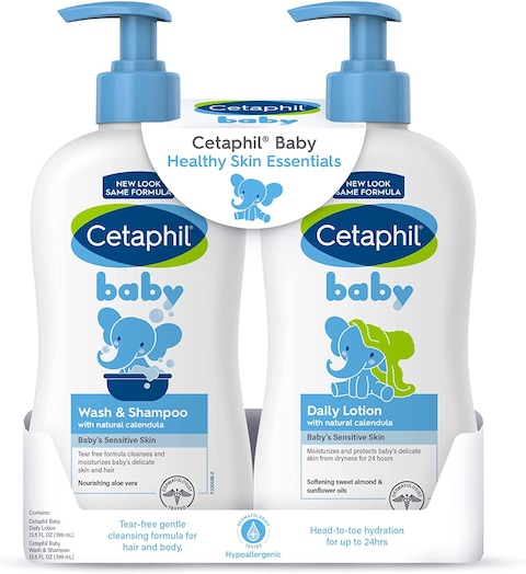 Cetaphil Baby Wash &amp; Shampoo Plus Body Lotion, Healthy Skin Essentials, Head To Toe Hydration For Up To 24 Hours, For Delicate, Sensitive Skin, 2 Count (Pack Of 1)
