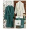 6-Piece Turkish Velour Cotton Couple Bathrobe and Towel Set Dark Green/Ivory