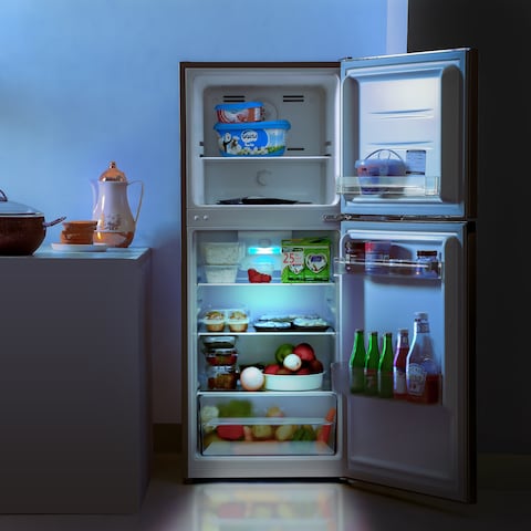 Geepas 180 L Double Door Total No-Frost Refrigerator- GRF2522SXN  Multi-Airflow with Faster and Deep Cooling  LED Interior Light and Unbreakable Glass Shelves,   Metallic Grey  2 Years Warranty