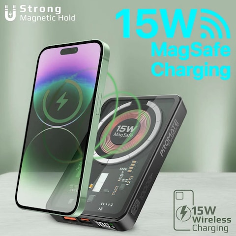 Promate LucidPack-10 Premium 10000mAh Transparent Battery Pack 15W Magnetic Charging 20W USB-C Power Delivery Port Over Charging Protection for iPhone 13/14/15