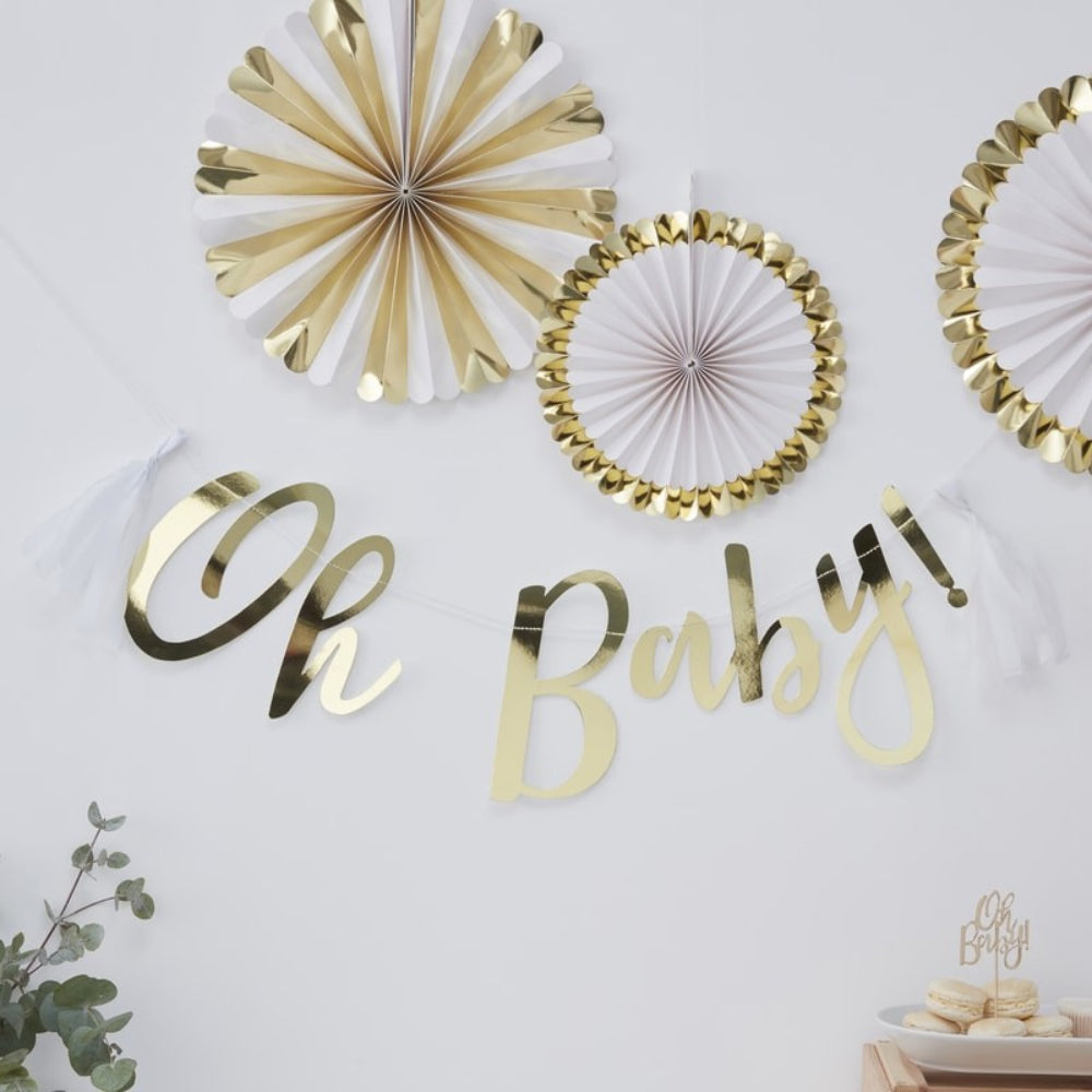 Ginger Ray Oh Baby Baby Shower Bunting Backdrop- 1.5 Meter Length- Gold