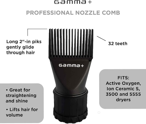 Gamma+ Professional Hair Dryer Nozzle Comb Attachment 32 Teeth, Fits Most Dryers 1.5&quot; Diameter, Black