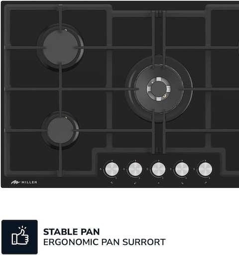 MILLEN MGHG 9002 BL 90 cm Built-in 5 Burners Gas Hob - Glass Finish, 12100 Watts, Mechanical and Electronic Ignition Control, 3 Year Warranty