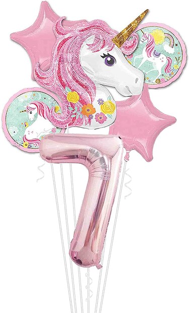 Party Time Pink Unicorn 7th Birthday Balloon Decorations, Foil Balloon Set Pack of 6 - Number 7 Rose Gold Number Foil Balloon 40" Unicorn Theme 7th Birthday Decoration Supplies